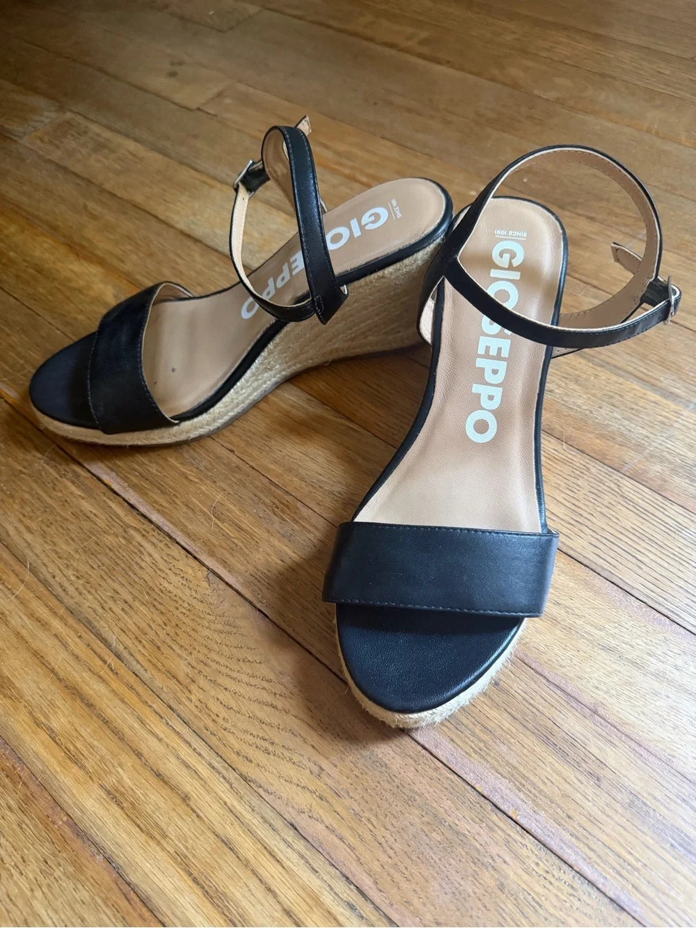 Gioseppo Black Leather Espadrille Wedge Sandals